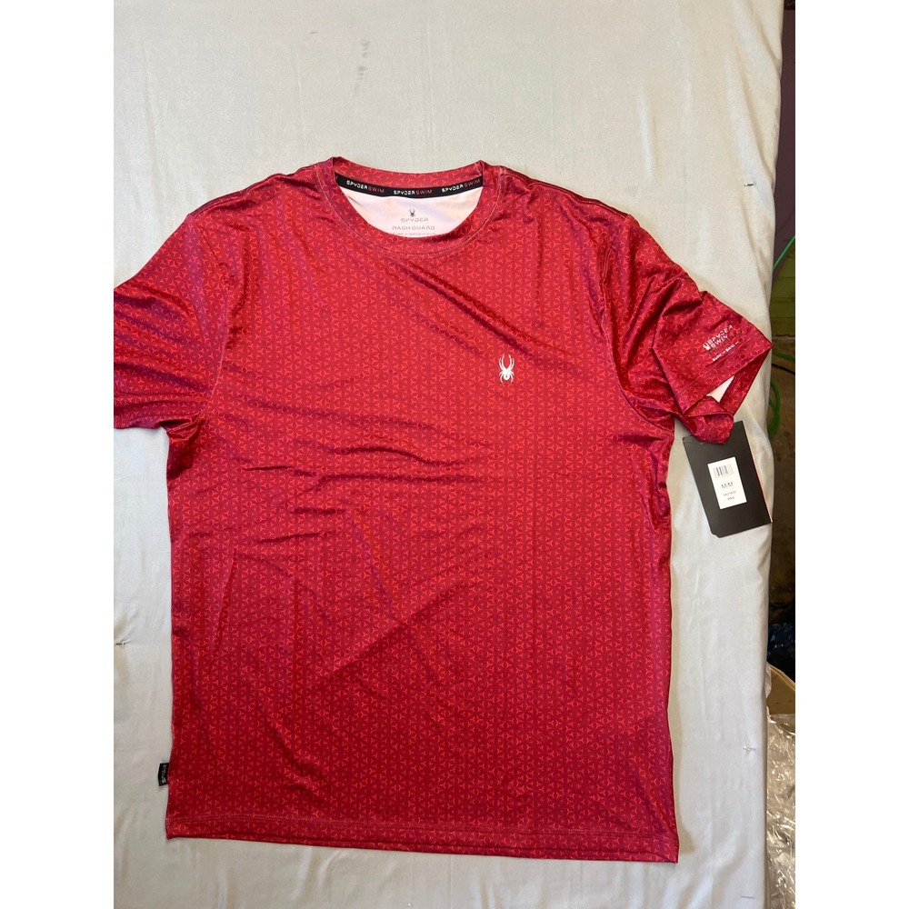 Spyder Swim Mens Rash Guard Red Geometric Short Sleeve UPF 30+ Shirt S627A30 M